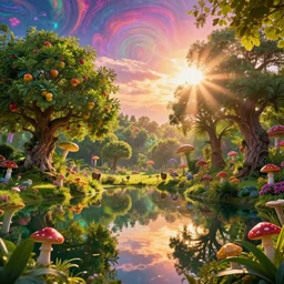 psychedlic realistic 16k footage of a utopian future serene beautiful landscape photography of the garden of eden. lake reflections in the foreground, fruit tree's and animals everywhere. sun rays shining through the trees. lens flare. sunset, dramatic lighting by Marc Adamus gyuri lohmuller Ivan Shishkin. lsd trip. mushroom vision.