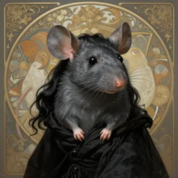 a photograpic portrait of a anthropomorphic grey mouse wearing black clothes, black hair, grey skin, grey mouse ears, furry character, fursona, fantasy, intricate, elegant, highly detailed, digital painting, artstation, smooth, sharp focus, illustration, art by artgerm and H R Giger and alphonse mucha