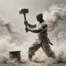 a very strong blacksmith swinging his hammer he is made of psychedelic dust clouds dancing in the wind, hyper realistic, roaring fire, midday, realistic lighting, psychedelic dust, psychedelic dust, psychedelic dust, Very strong Blacksmith, photo realistic, 4k, particle reflections