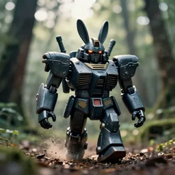 a 8 mm photo from the front of a black detail giant mecha armored war delorean robot chubby rabbit as gundam delorean walking in the woods, splash art, movie still, bokeh, canon 5 0 mm, cinematic lighting, dramatic, film, photography, depth of field, award - winning, backlighting, overcast, 8 k, hyper detailed, 3 5 mm film grain