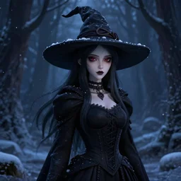 portrait of beautiful darkness witch 3D anime girl, dark forest background, snowing, inspired by Tim Burton, digital painting, unreal engine render, volumetric light, high détail