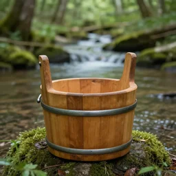 a wooden bucket, in a forest, by a creek, photography