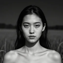 model with detailed clear face alone in a field, a high contrast hyper detailed black and white studio portrait photo, shot in area x from the movie annihilation, by beau brashares, pinhole photography