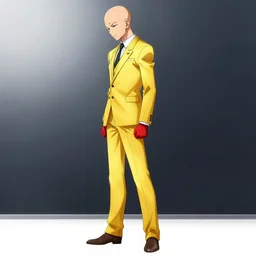 side profile, saitama, young bald man, yellow buisness suit, red gloves, looking down, 8k, ultra detail, anime, full body shot