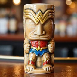 a closeup photorealistic photograph of wonder woman style tiki mug at trader vic's bar. brightly lit scene. this 4 k hd image is trending on artstation, featured on behance, well - rendered, extra crisp, features intricate detail, epic composition and the style of unreal engine.