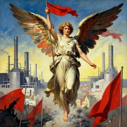 totalitarian socialist angel, vanguardist alternate timeline, anarcho - communist heaven, red and black flags waving, modernist factories in background, art by max ernst, cnt spanish civil war era propaganda, extremely detailed, 4 k