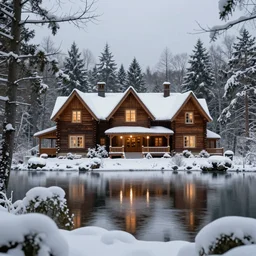 wooden mansion in the woods snow, lights large lake highly realistic photorealistic - n 5