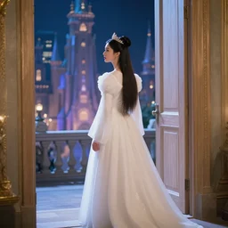 A beautiful princess wearing white robes stands in a doorway looking out over a fantastical city at night, by michael whelan