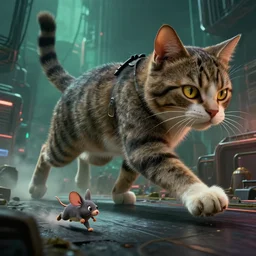 huge 🐈 hunting, by mark ryden in cyberpunk environment, 4 k ultra high resolution, cat 🏃 mouse, horror, long camera shot, tiny 🐭 fleeing