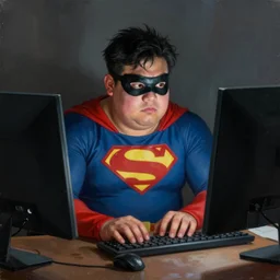 an insanely detailed painting of a chubby masked asian man wearing a superhero costume sitting at a desk, staring at the nervously at the computer and typing, in the style of peter mohrbacher, dramatic lighting and composition, octane render, trending on artstation, concept art, comic book