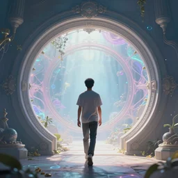 back view of a man walking through an interdimensional warp gate | a magical round gate | dreamy | ethereal | digital art by greg rutkowski and dan mumford | highly detailed | trending on artstationhq