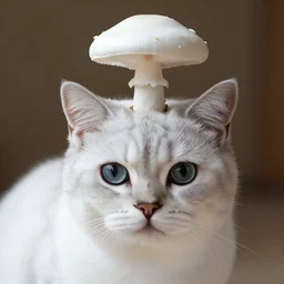 a small domestic housecat with a white mushroom growing atop its head