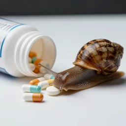 a snail eating a box of medical pills, professional photo