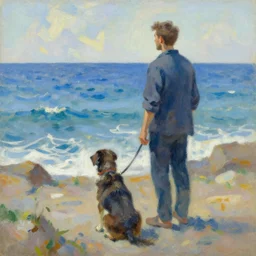 a man staring off into the ocean with his dog, impressionist