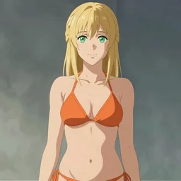 beautiful blond woman in orange tribal bikini, blond hair pulled back off the face, green eyes, by makoto shinkai, 8 k, high resolution render, cinematic, unreal engine, clean lineart and flat color,
