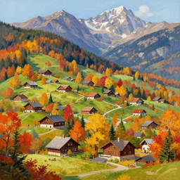 a puritan alpine village in the fall, beverly hills, painting, unique artstation artist, vibrant colors,