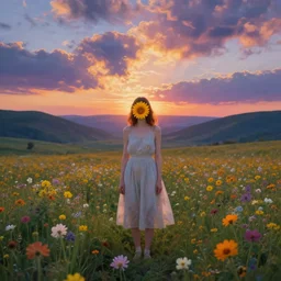 girl with a flower face, surreal photography, bizzare, dreamlike, standing in flower field, in a valley, sunrise dramatic light, impressionist painting, colorful clouds, artstation, simon stalenhag