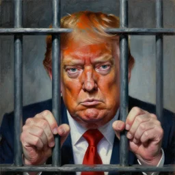 behind bars of prison cell gediminas pranckevicius | close up portrait of a evil trump with orange hair behind jail bars in the sinister, one mouth, one nose, two eyes, tiny fingers on bars, despair, oil painting by tomasz jedruszek, cinematic lighting, pen and ink, intricate line, hd, 4 k, million of likes, trending on artstation