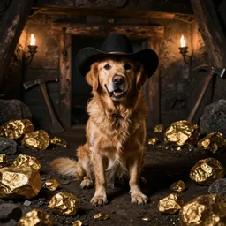 a dirty golden retriever dog in a black western hat with many large gold nugget piles in a dark mine, dim moody lighting, wooden supports and wall torches and pick axes, cinematic style photograph