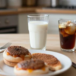 warm glass of a mixture of pepsi and milk sitting on a kitchen table with a full english breakfast, early morning, macro photograph, hot garlic coke on the side