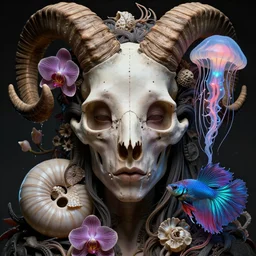 goddess princess face close-up portrait ram skull. jellyfish phoenix head, nautilus, orchid, skull, betta fish, bioluminiscent creatures, intricate artwork by Tooth Wu and wlop and beeple. octane render, trending on artstation, greg rutkowski very coherent symmetrical artwork. cinematic, hyper realism, high detail, octane render, 8k