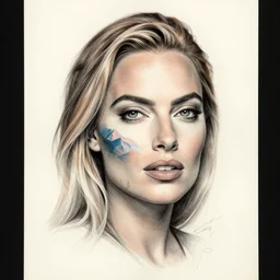face morph tattoo design sketch of margot robbie blended in beautiful mountain scenery, in the style of matteo pasqualin, amazing detail