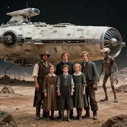 sharp, detailed, 256k film still from a sci fi blockbuster color movie made in 2019, set in 1860, of a family standing in front of a spaceship that has just landed on an alien planet, a humanoid alien creature stands nearby, the family are all wearing 1860s era clothes, good lighting, good photography, sharp focus