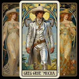 a dramatic ethereal epic symmetrical painting of a handsome cowboy in a platinum outfit | tarot card, art deco, art nouveau,  (steampunk), homoerotic, realistic | by Greg Rutkowski, by Mark Maggiori and ((((Alphonse Mucha))) | trending on artstation