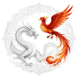 a full - body dragon and a full - body red fire phoenix in the sky, wisdom, good, scrollwork + white ink + magical + symmetrical + detailed intricate + heraldic design + epic + by peter mohrbacher and kentaro miura + high details, in the style of jean delville, artstation, 8 k, tarmo juhola, ivan laliashvil