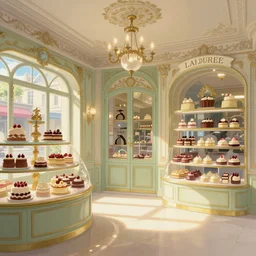 interior of sweets and cake shop in paris inspired by laduree, natural lighting, wide angle, dreamy and soft colors, intricate details, matte painting, illustration, by hayao miyazaki