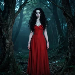 in the style of zhelong xu, full body, pretty alyson hannigan, evil dead demon, evil dead movie, red dress, symmetrical eyes, symmetrical face, long curly black hair, zhelong xu, trees, forest, branches, cinematic lighting, evil dead creature, scary zhelong xu