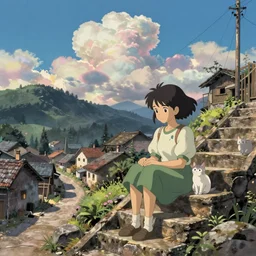 the girl and the cat, sitting on stairs. morning in a small village in the mountains, rocky roads, beautifull puffy clouds.  anime, studio ghibli. intricate, beautiful, cinematic