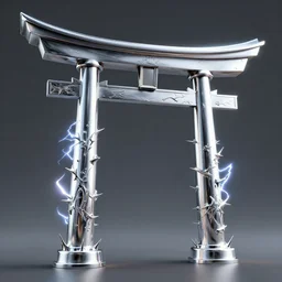 3 d render of a chrome torii gate sculpture, chrometype, made of liquid metal, neotribal with thorns and thunders, hyper realistic, volumetric lightning, 8 k, by zhelong xu