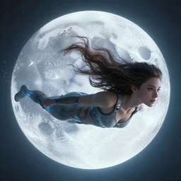 a 3 d render of a giant glowing moon. there is a close up of a woman swimming in the sky, with flowing, swirling long hair. she is wearing sci - fi clothes. the woman has fine facial features. image by beeple and james jean, dan mumford, moebius, barclay shaw, aya takano color style, 8 k, super detailed, modern, 4