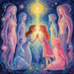 a psychedelic realm where astral beings share love, by greg rutkowski, wlop, lisa frank, bob ross and ruan jia