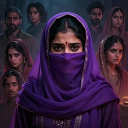 concept art of a young cute hyderabadi female with purple niqab, yoji yamamoto, cinematic moody colors, extremly emotional, realistic shaded lighting poster by ilya kuvshinov, magali villeneuve, artgerm, jeremy lipkin and michael garmash and rob rey