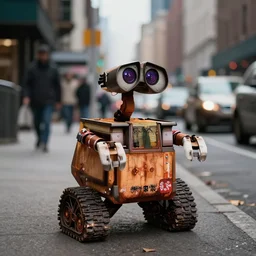 Wall E as a beggar on new york street, 4k photorealistic, HD, high details, dramatic, trending on artstation