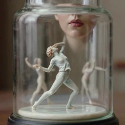 beautiful three point perspective film still of holly herndon dance scene in merce cunningham, extreme closeup 3 / 4 portrait in style of frontiers in blade runner miniature photography fashion architectural art studio edition, real - life porcelain statue in victorian glass jar, pursed lips, anatomically correct, tilt shift background, sharp focus, panavision, 8 k, macro, cinematic style