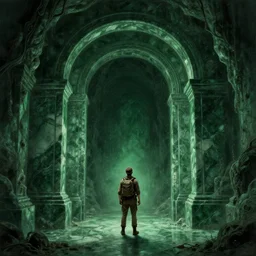 concept art, an explorer lookup up at a giant arched doorway to creepy undergound tunnel made of green marble, beautiful matte painting, ultra detailed, 8 k render