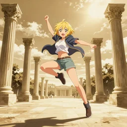 blonde - haired princess, anime princess, wearing casual clothes, action pose, parkour, plaza, greco - roman pillars, golden hour, partly cloudy sky, sepia sun, strong lighting, strong shadows, vivid hues, ultra - realistic, sharp details, subsurface scattering, intricate details, hd anime, 2 0 1 9 anime