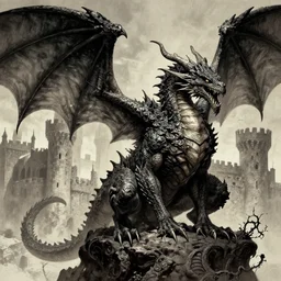 detailed image of a Mike Mignola style dragon and of a castle