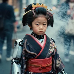 realistic photography of a cyborg robot japanese geisha 3 5 years old by daikichi amano, short hair, few wrinkles around eyes, worms and squid, cinematographic, street photography tokyo, cinematic light, grainy image, intense, a bit of smoke and fog around, filth and grim