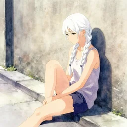 concept, girl sitting on street, against wall, pretty, sitting alone, looking left down street, long white braids, singular, isamu imakake, styled, photoshop mid filter, anime, watercolor, intricate, balance, full far portrait, stylistic lighting + masterpiece,