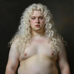 portrait of a young androgynous johan liebert with long curly platinum blond hair by peter Paul rubens and Norman Rockwell, big beefy chunky strong fat build, very very very very pale white skin platinum blond hair