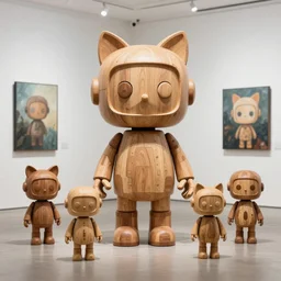 8 k octan advertising photo, a totally wooden sculpture collection art toys on feet, very cute robot zen with cat ears, cyberpunk a contemporary art gallery