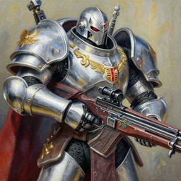 detailed painting of a god killer warrior with chrome armor and a crossbow detail intricate exquisite colorful