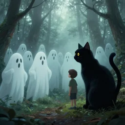a dense forest in the fog with a bunch of ghosts. the boy looks at them in surprise.. next to the boy is a big black cat with an arched back and grinning at ghosts