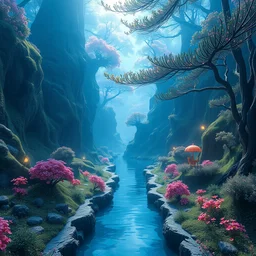 wonderland, highly detailed, 8 k, hdr, award - winning, octane render, artstation, volumetric lighting, anime wallpaper, pop art color, saturated blue mood, water path in view - w 1 0 2 4