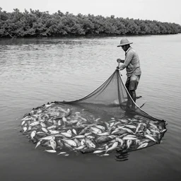 black and white photo of a fisherman in a lake pulling the fish net full of fish, mangrove vegetation in the far background