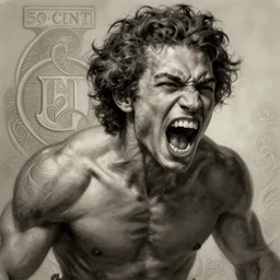 Portrait of 50 cent (((((screaming))))), D&D, muscular, fantasy, intricate, elegant, highly detailed, digital painting, artstation, concept art, smooth, sharp focus, illustration, art by artgerm and greg rutkowski and alphonse mucha